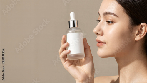 Applying skincare serum home beauty product photography minimalist setting close-up view skincare routine