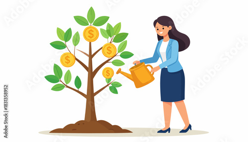 Woman watering a money tree with coins on branches, symbolizing financial growth and investment