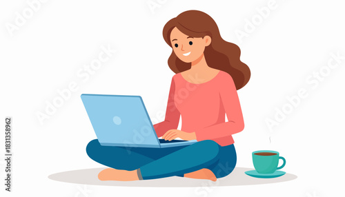 Young woman sitting cross-legged with a laptop and a coffee cup, symbolizing remote work and education