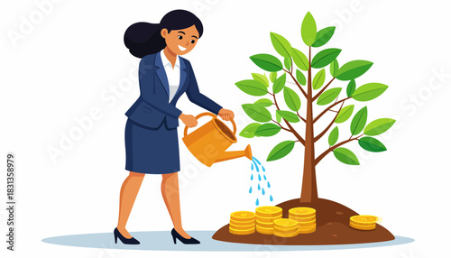 Businesswoman watering a money tree planted on a pile of coins, symbolizing financial growth and investment success