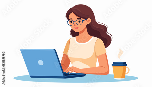 Focused young woman diligently working on her laptop, with a warm drink, symbolizing efficient remote productivity, online tasks, or digital learning activities