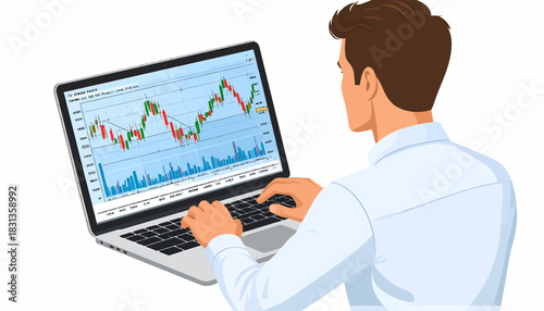 Man analyzing financial stock market data on a laptop computer screen with a trading chart