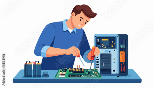 A skilled technician in a blue shirt meticulously repairing a computer motherboard with a screwdriver, illustrating technology support and hardware maintenance