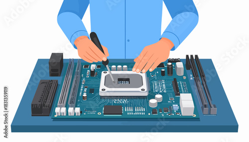 Assembling a Computer Motherboard with Tools and Components for Building a Desktop System