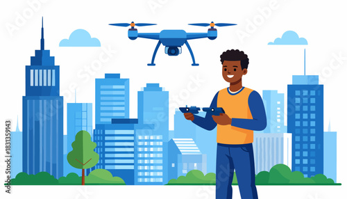 Young man operating a quadcopter drone with a remote control against a modern city skyline, illustrating technology and urban hobbies