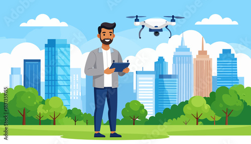 Man controlling drone with remote in park with city skyline in background