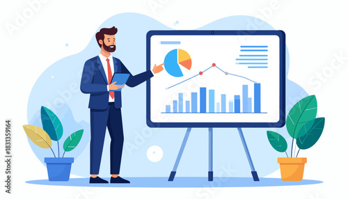 Business Presentation Man Explaining Financial Data on Charts & Graphs