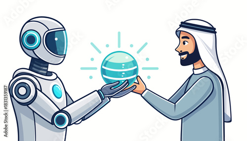 Robot and Arab Man Collaboration Futuristic Partnership Holding a Glowing Sphere