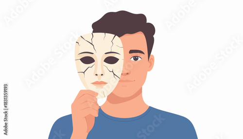 A man holding a broken mask, symbolizing hidden identity, vulnerability, and the internal struggle with one's true self versus presented persona