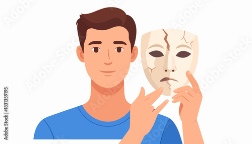 Unveiling true emotions a young man takes off a cracked facade mask, representing authenticity and psychological release from hidden sadness