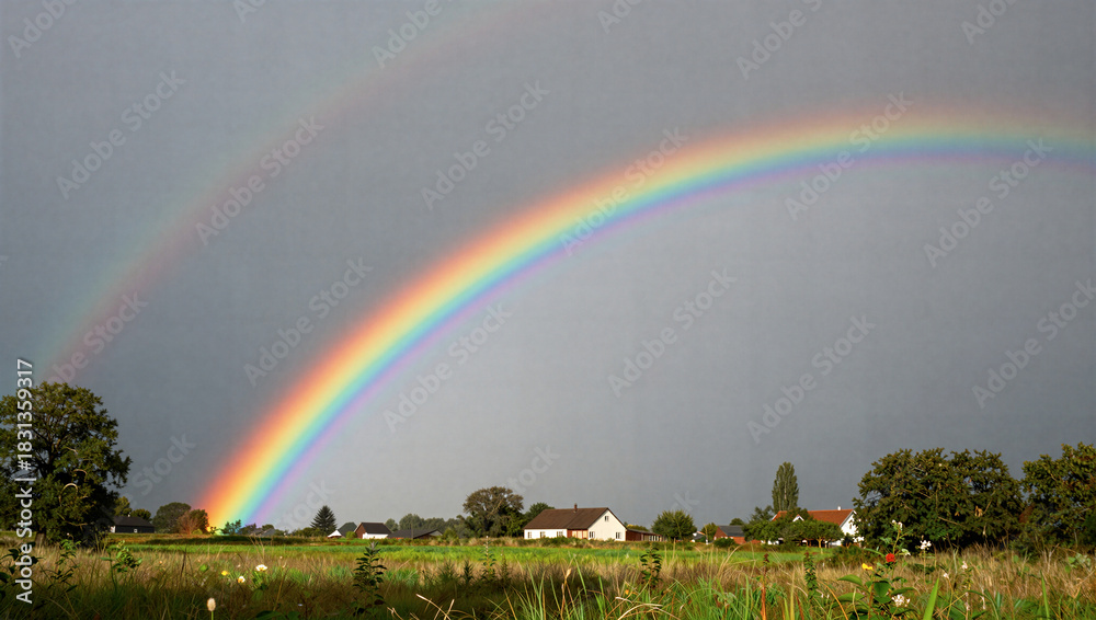 Obraz premium Captivating double rainbow over a serene countryside landscape nature photography vibrant colors peaceful environment