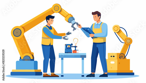 Engineers working with industrial robotic arms and advanced manufacturing technology, illustrating modern production and automation concepts