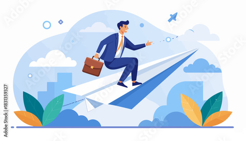 Ambitious entrepreneur in a suit flying on a paper plane over the city, a metaphor for business strategy and progress