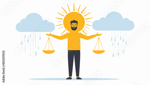 Conceptual vector art of a sun-headed figure weighing rain clouds on scales, a metaphor for climate balance, weather patterns, and emotional equilibrium