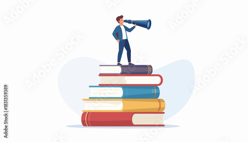 Visionary Leader Stands atop Books, Using a Spyglass to Survey Opportunities, Strategic Planning Concept
