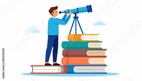 A Man Standing on a Stack of Books, Looking Through a Telescope to View Distant Prospects