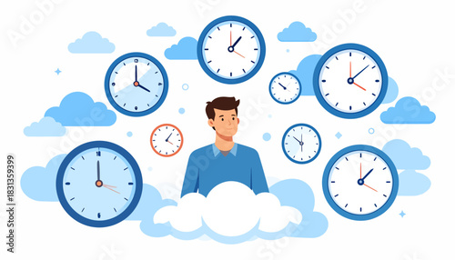 A man surrounded by many clocks and clouds, depicting the challenges of time management, deadlines, and the pressure of a busy schedule in modern life