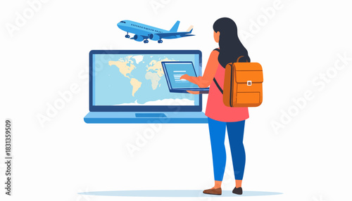 Illustration of a woman planning a trip using a laptop with a world map, while a plane flies overhead