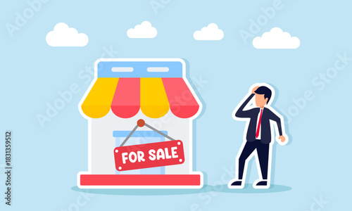 Businessman feeling confused and sad beside a house with a for sale sign showing asset seizure due to bankruptcy