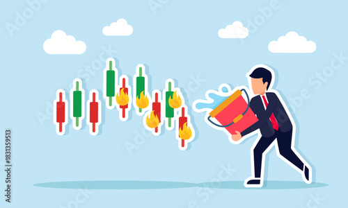 Businessman pouring water on a burning candlestick showing strategy to handle negative portfolio performance by averaging down