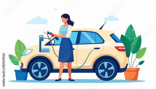 Woman charging her electric vehicle, showcasing a commitment to sustainable transportation and green energy. Modern eco-friendly lifestyle illustration for a cleaner urban future