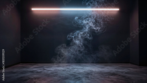 Dynamic smoke effects in dark room with neon lighting digital art immersive environment creative viewpoint