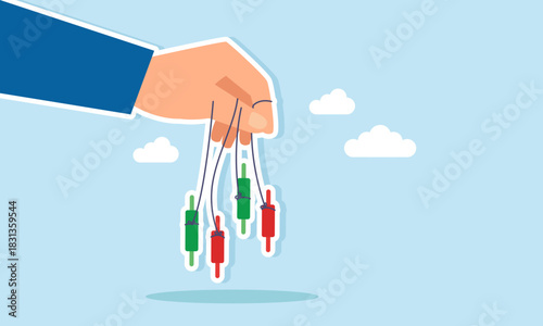 Finger connected to candlestick by a string showing influence of market makers on stock performance