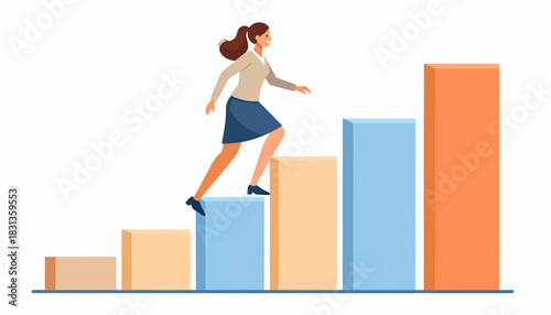 Professional woman advancing her career, climbing a chart symbolizing growth and development, demonstrating ambition and success in business progress