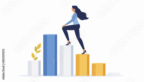 Businesswoman confidently climbing a bar chart, a powerful metaphor for career progress, personal growth, ambition, and achieving success