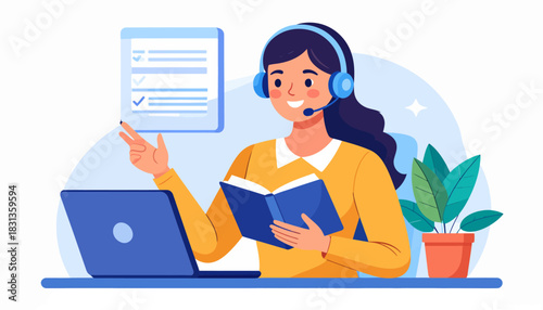 Friendly woman with headset and laptop delivering online education, virtual support, or distance learning, showcasing efficient remote work and communication through digital platforms