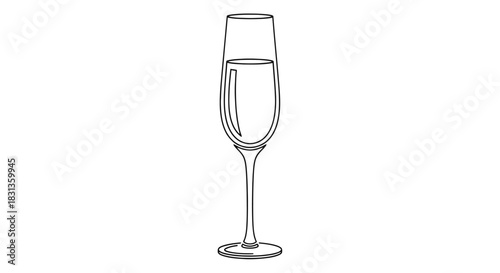 Elegant line art drawing of a single champagne flute filled with sparkling liquid, symbolizing celebration and toasts. A clean vector icon for festive occasions