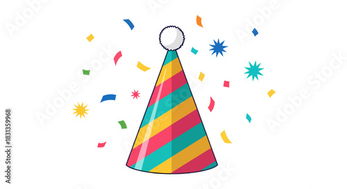 Birthday party hat with confetti, celebration, festive, fun, and joy in a simple, clean illustration