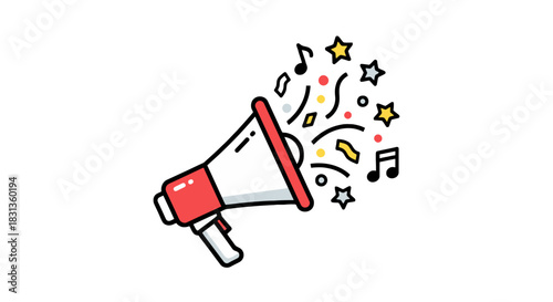 Loudspeaker broadcasting a fun party announcement with music and confetti. A vibrant flat design icon for festive events and sales promotions