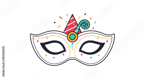 A festive illustration of a masquerade ball mask adorned with a party hat, noisemaker, and colorful confetti for a celebration