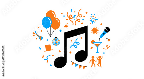 Abstract graphic design for a music celebration, featuring a central note surrounded by festive party symbols