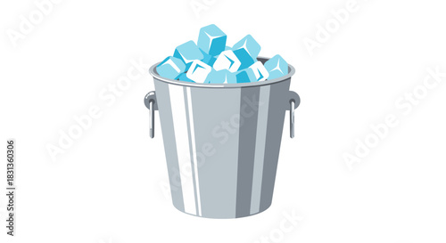 Vibrant graphic illustration of a gleaming metal bucket filled to the brim with frosty, crystalline ice cubes, perfect for chilling beverages and keeping drinks cool for any occasion