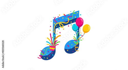 Vibrant music symbol adorned with party decorations like balloons and confetti, representing a joyful festival and audio entertainment concept
