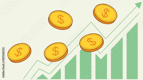 Abstract vector illustration of a gold coins symbol  on a growth graph background