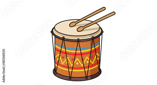 Vibrant cartoon drum with drumsticks, featuring a decorative pattern, ideal for musical themes, educational resources, and playful designs