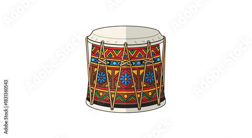 Colorful traditional hand drum illustration with intricate ethnic patterns, a vibrant musical instrument perfect for global culture, celebrations, and rhythmic design themes