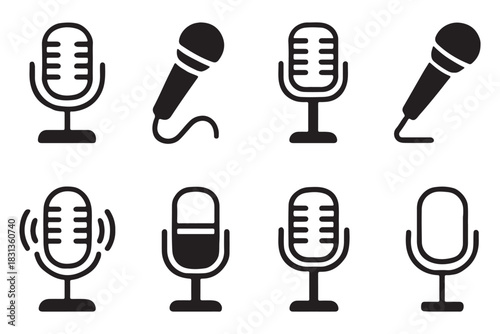 Collection of microphone icons in various styles for podcasting and broadcasting
