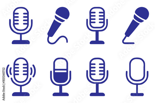 Collection of microphone icons in various styles for podcasting and broadcasting