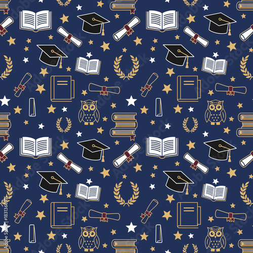 Magical fairytale books and fantasy elements seamless pattern in navy gold for storybook enchanted literary fabric textile design