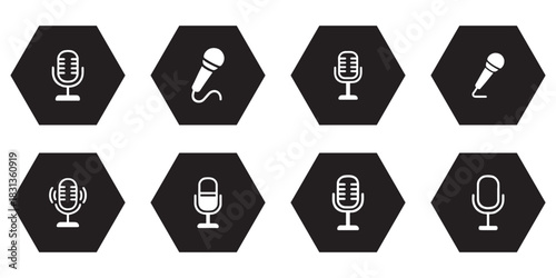 Collection of microphone icons in various styles for podcasting and broadcasting