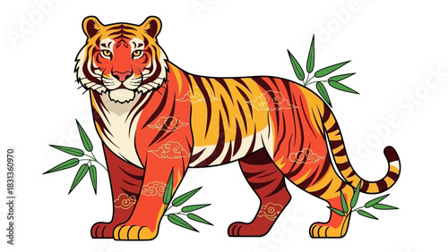Illustration of a tiger with bamboo leaves on a white background.