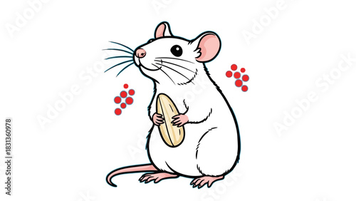 Illustration of a white rat holding a seed, with red dots around it.