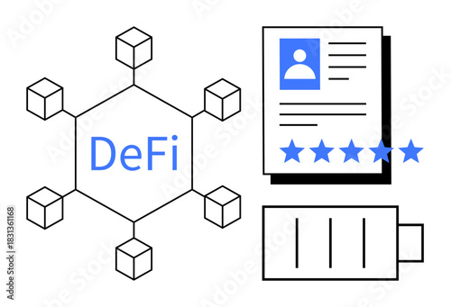 Decentralized finance graphic featuring blockchain nodes, user profile documentation, 5-star rating system, and decentralized network structure. Ideal for fintech, cryptocurrency, blockchain, digital