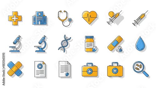 Healthcare Symbols Iconography: A series of vibrant medical symbols on a bright backdrop. Illustrating essential aspects of health, treatment, and care. 