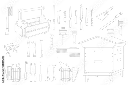 A collection of various beekeeping tools and equipment isolated on a white background, including hive, smoker, honey extractor, and protective gear for effective bee management.