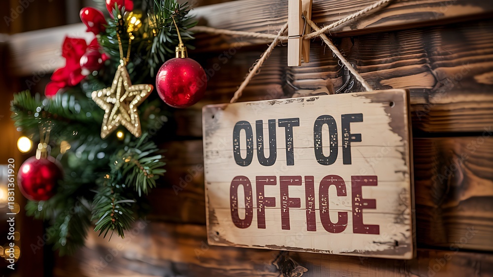 Obraz premium Rustic wooden out of office sign hanging next to a festive christmas tree with ornaments and lights for holiday season closure